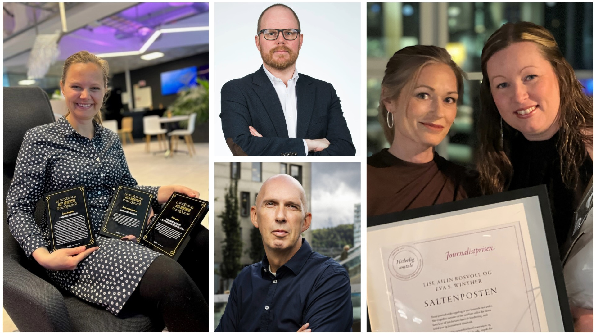 Fra venstre: Andrea Rognstrand, journalist i Forsvarets forum
I midten over: Gard Steiro, under Frank Gander.
Til høyre: journalistene Lise Ailin Rosvoll og Eva Winther i Saltenposten