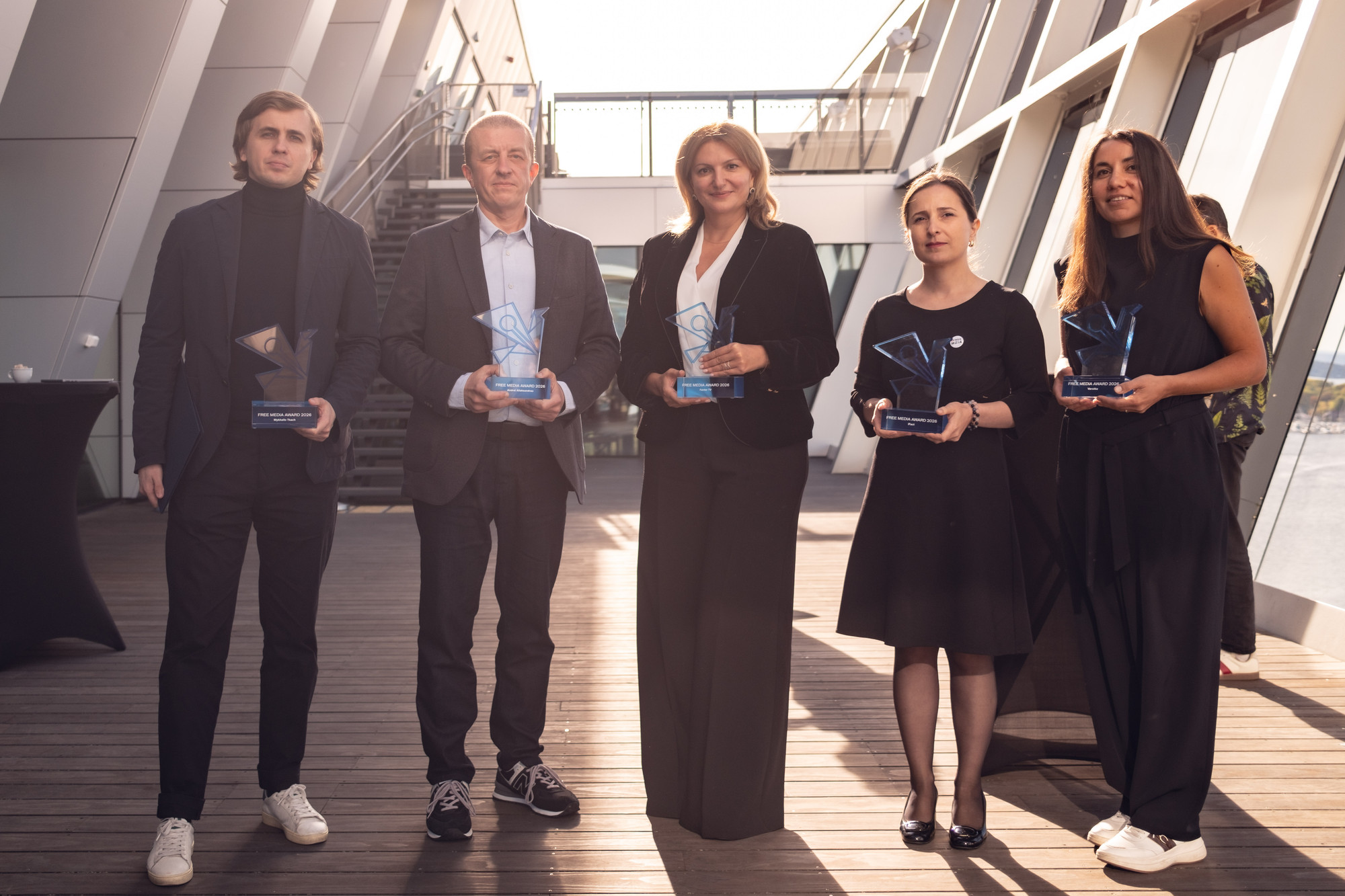 Mykhailo Tkach, Andrei Aliaksandrau, Arevhat Sahakyan (Factor TV), Nino Bakradze (iFact), and Lola Tagaeva (Verstka). 