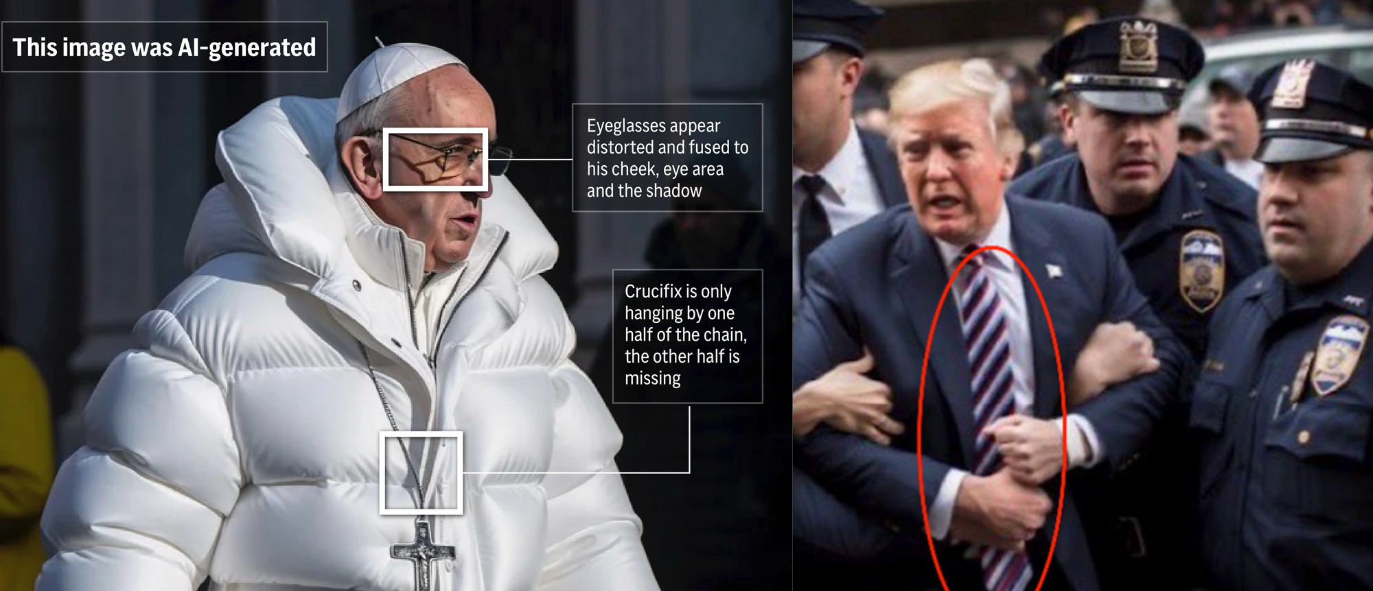  Fake images. On the left, a fake illustration of Pope Francis. On the right, a fake of presumptive US presidential candidate Donald Trump. Photos from NTB/Phil Holm and Faktisk.no
