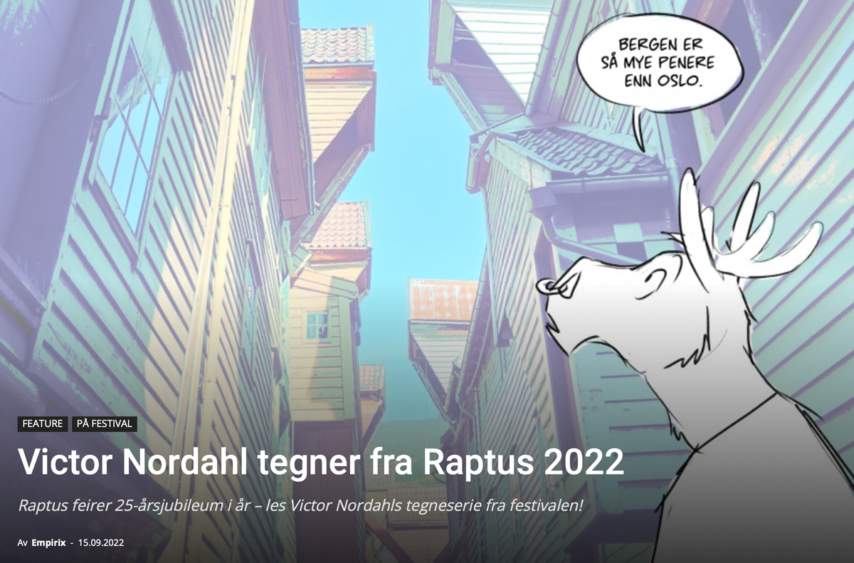 Tegnet elg ser på Bryggen i Bergen.