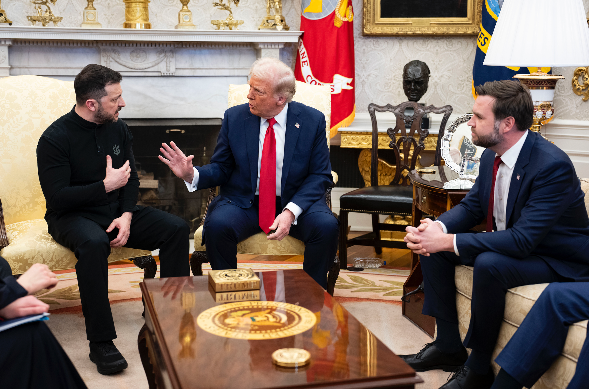 FILE — President Donald Trump, center, meets with President Volodymyr Zelenskyy of Ukraine, left, as Vice President JD Vance looks on in the Oval Office, Feb. 28, 2025. As Ukraine prepares to meet with U.S. officials, Ukrainian soldiers say they are bracing for attacks to take advantage of a pause in U.S. intelligence. (Doug Mills/The New York Times)