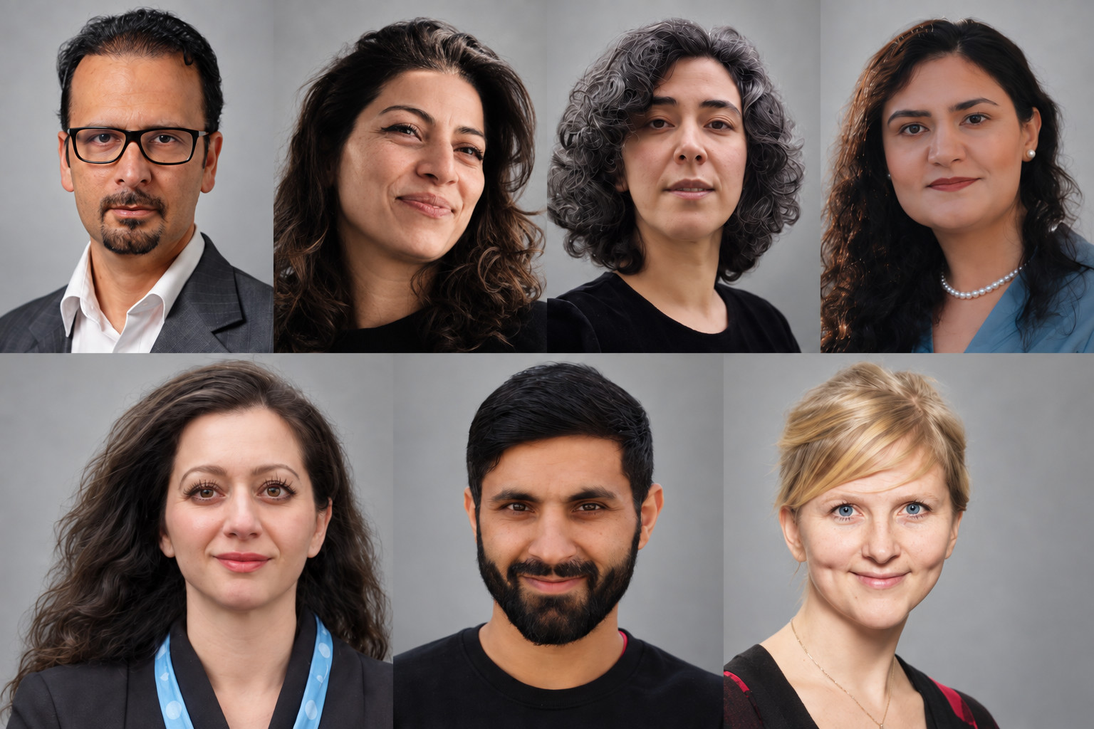 Bildetekst:
Øverst fra venstre: Mahmood Amiry-Moghaddam, Pardis Shafafi, Banafsheh Ranji, Sarah Gaulin, Milica Javdan, Amdan Aso Aziz og Ingerid Salvesen.