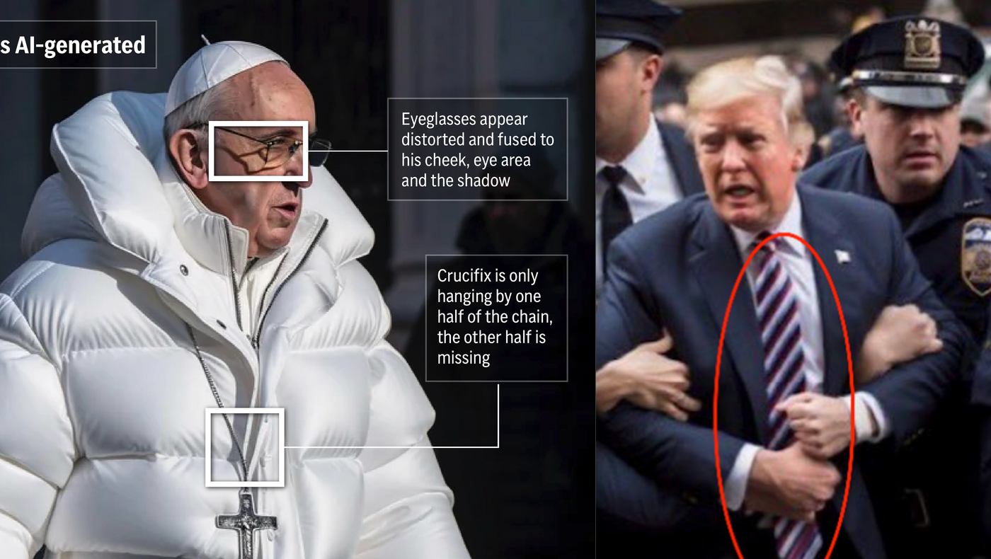  Fake images. On the left, a fake illustration of Pope Francis. On the right, a fake of presumptive US presidential candidate Donald Trump. Photos from NTB/Phil Holm and Faktisk.no
