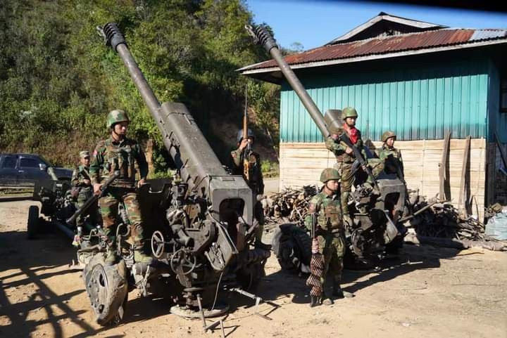 TNLA - Ta’ang National Liberation Army troops display howitzers
captured from the Burmese military in Namhsan, Northern Burma, on Dec.
16. (Credit: TNLA)
